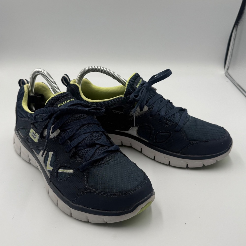 Skechers Women's 8.5 Memory Foam Flex Sole Navy Lime Athletic Sneakers Shoes